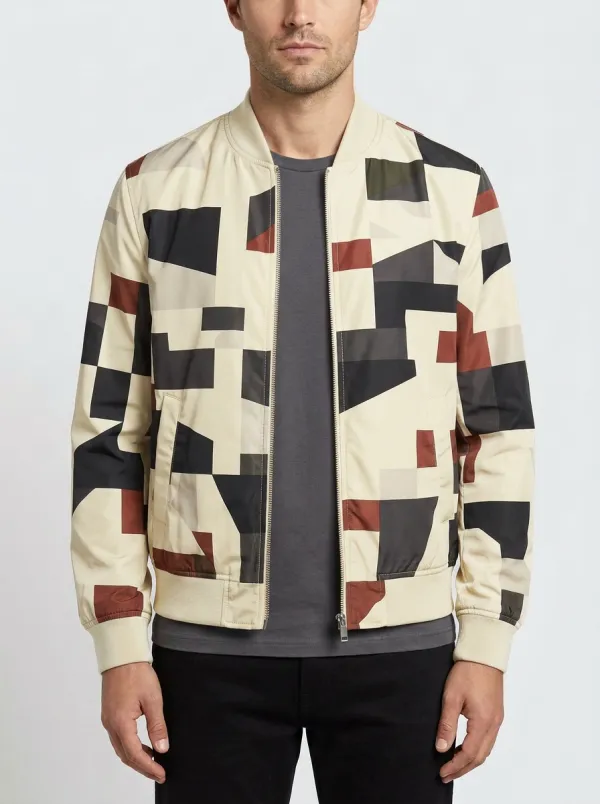 Geometric Print Metal Zip Bomber Jacket