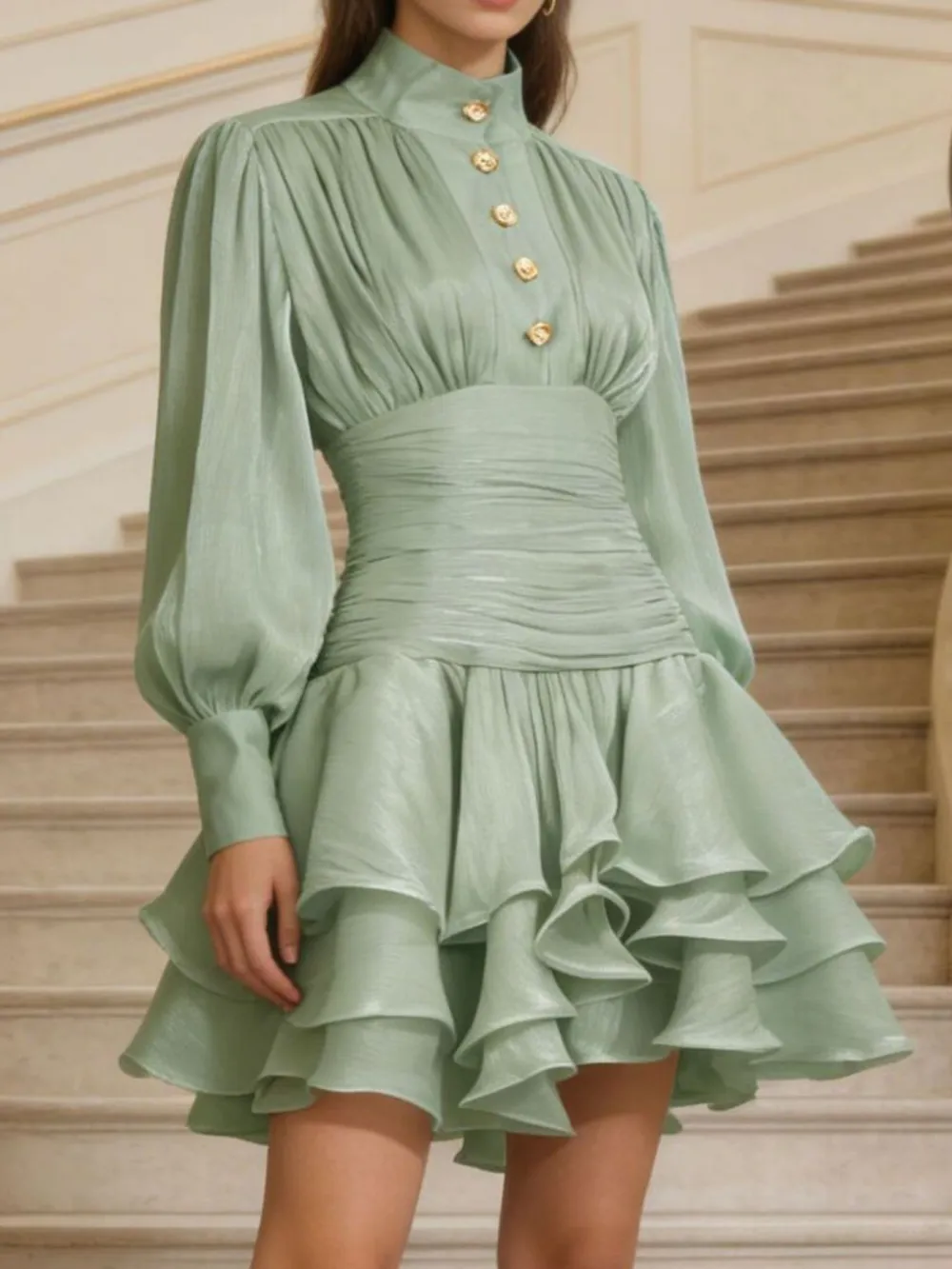 Relaxed Shape Ruffle Lantern Sleeve Mini Dress