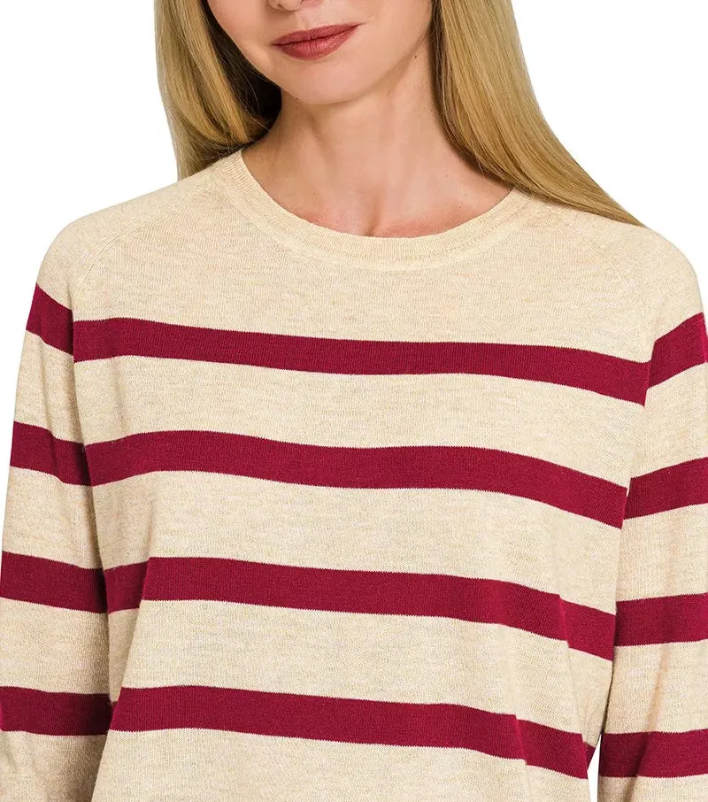 Relaxed Lightweight Wool Blend Striped Round Neck Sweater