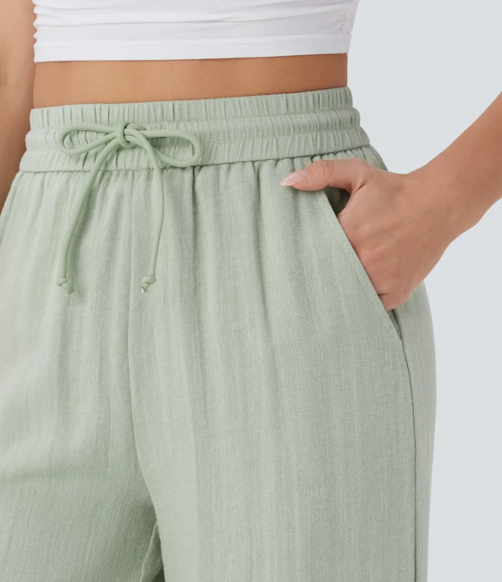 2026🔥  High Waisted Drawstring Pocket Wide Leg Casual Linen-Feel Pants