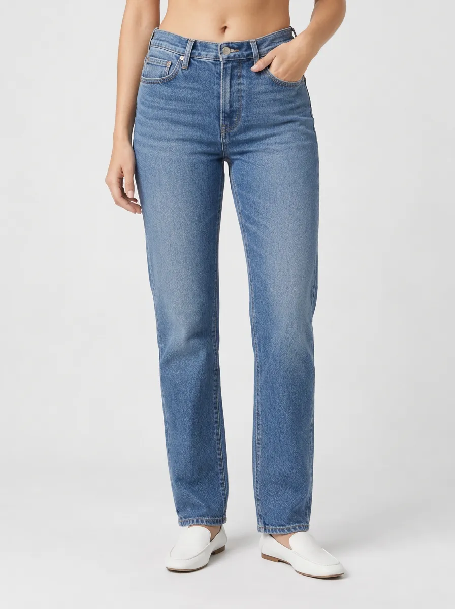 Streamlined Straight Leg Mid Rise Denim Jeans