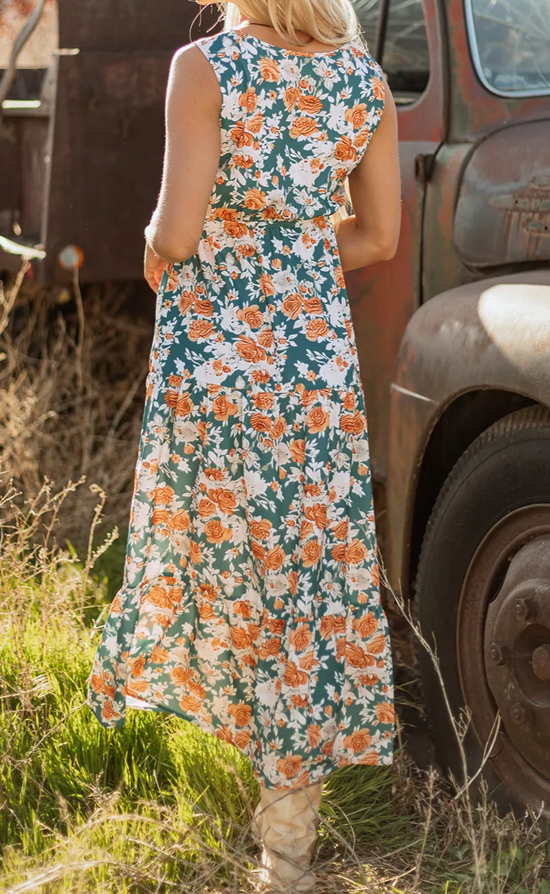 Floral Print Trimmed V Neck Tie Waist Sleeveless Holiday Long Dress