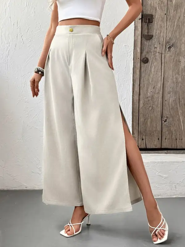 Wide Leg Pleated Slit Detail Pocketed Pants