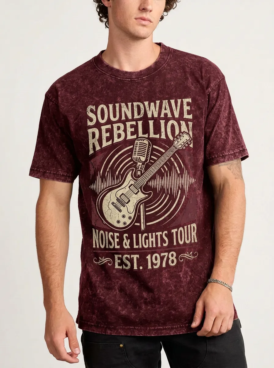 Men's Rock Music Lover Guitar Microphone Printed Acid Wash T-shirt