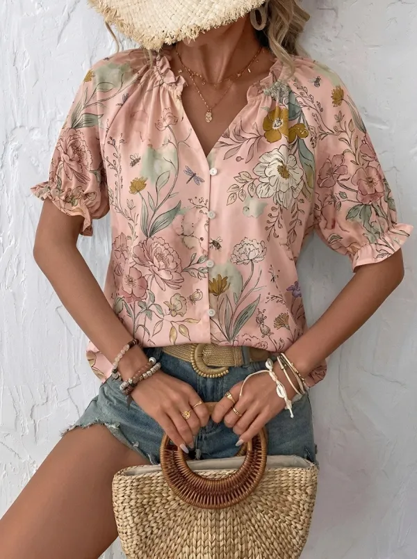 Women's Boho Floral Bee Dragonfly Printed Button-up Blouse