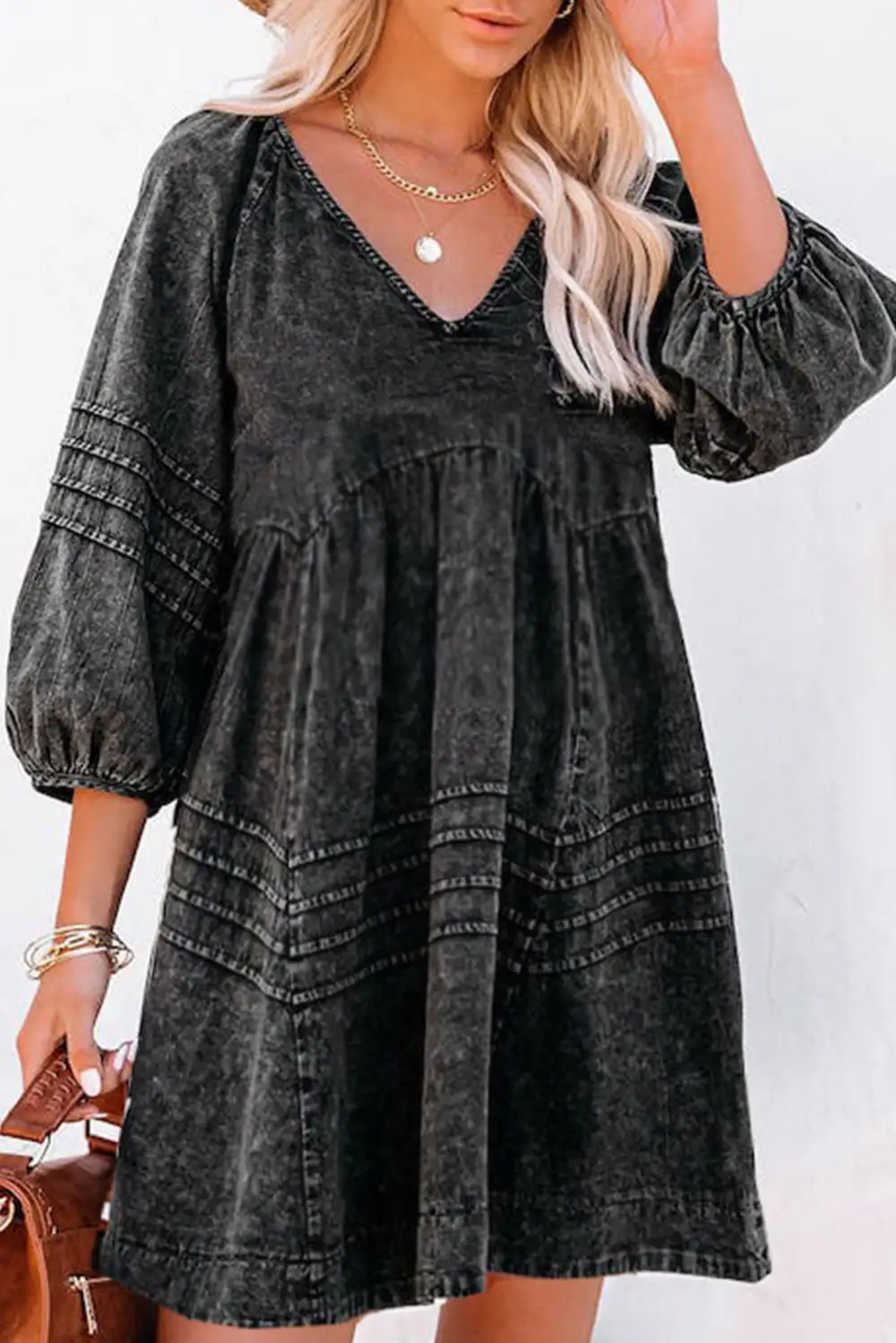 Pleated V Neck Puff Sleeve Denim Babydoll Dress
