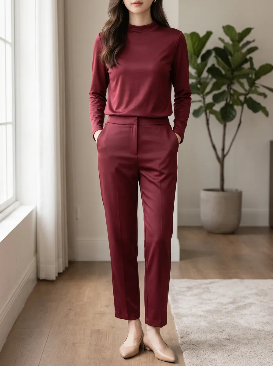 Women's Burgundy Mock Neck Long Sleeve Slim Fit Relaxed Trouser Set