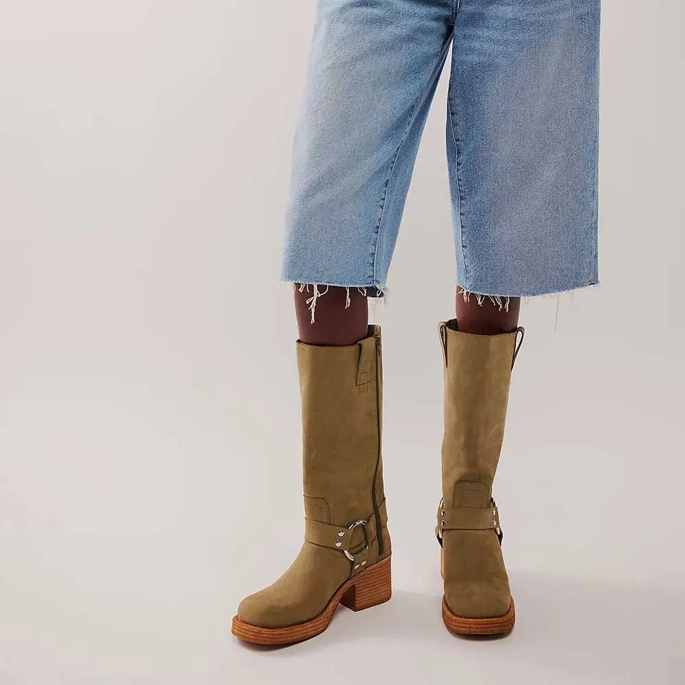 Faux-Leather Studded Buckle-Detail Side-Zip Mid-Calf Boots
