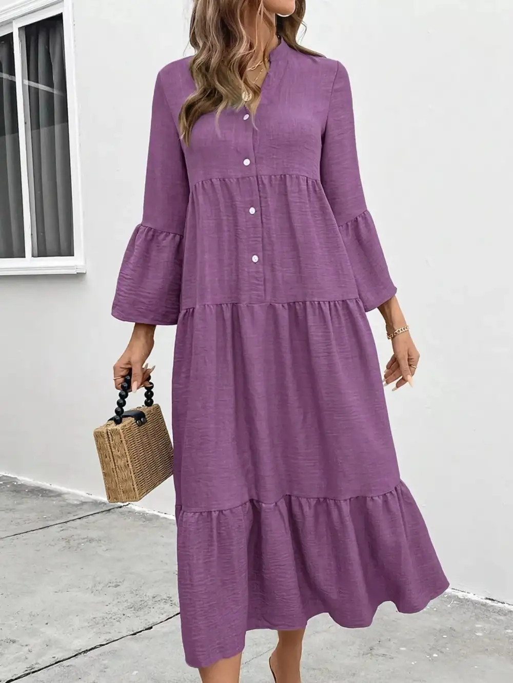 Button Front Ruffle Tiered Dress Casual