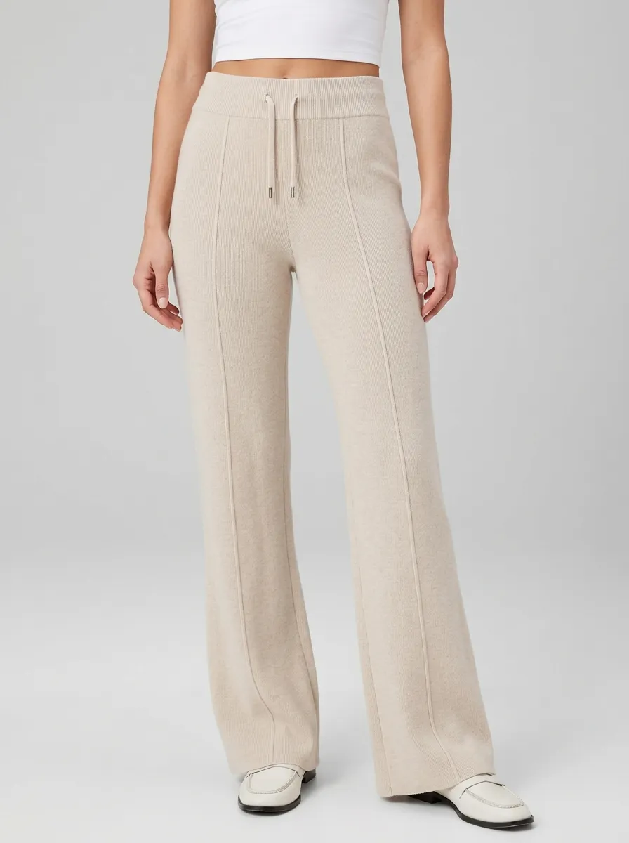 Women's Classic Wide-Leg Ribbed Drawstring Sport Pants