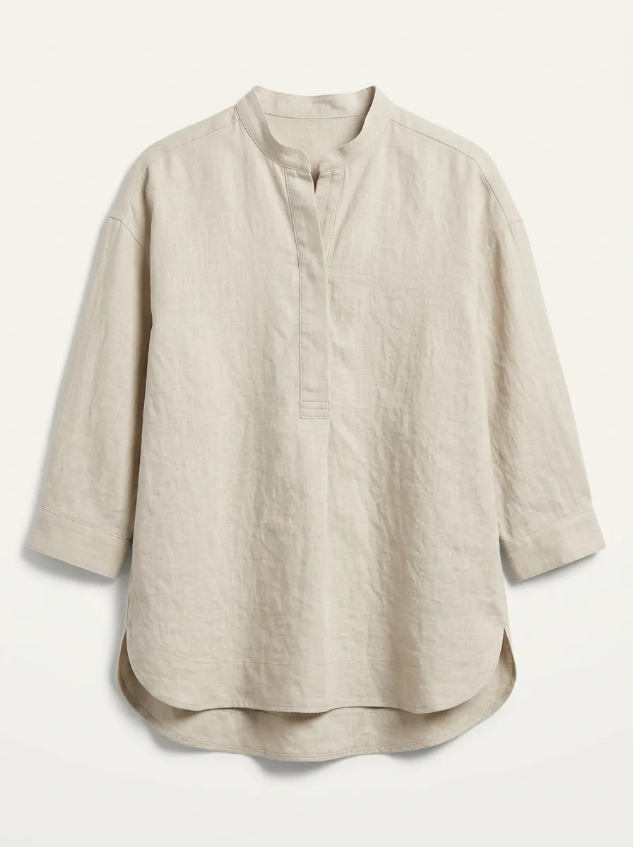 Women's Casual Beige Linen Blend Mandarin Collar Printed Shirt
