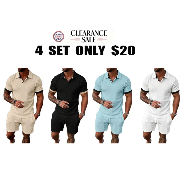 Men's Colorblock Polo Shirt & Drawstring Shorts Set, Textured Knit Short Sleeve, Casual Daily Wear, Summer Tropical Fashion Choice, Menswear, Clothes