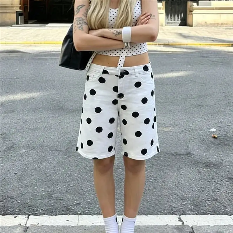 Bermuda Polka-Dot Denim Knee-Length Shorts