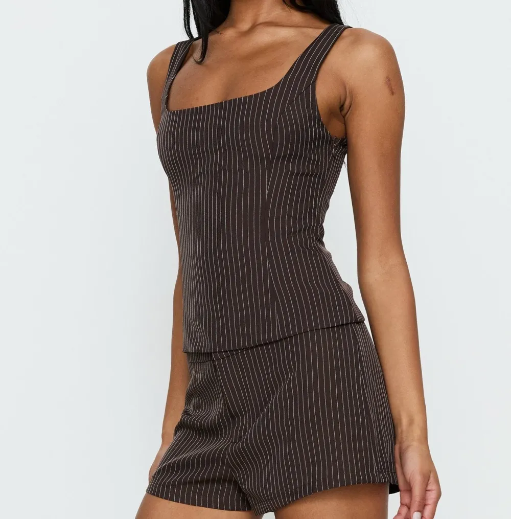 Brown Pinstripe Tailored Square-Neck Top