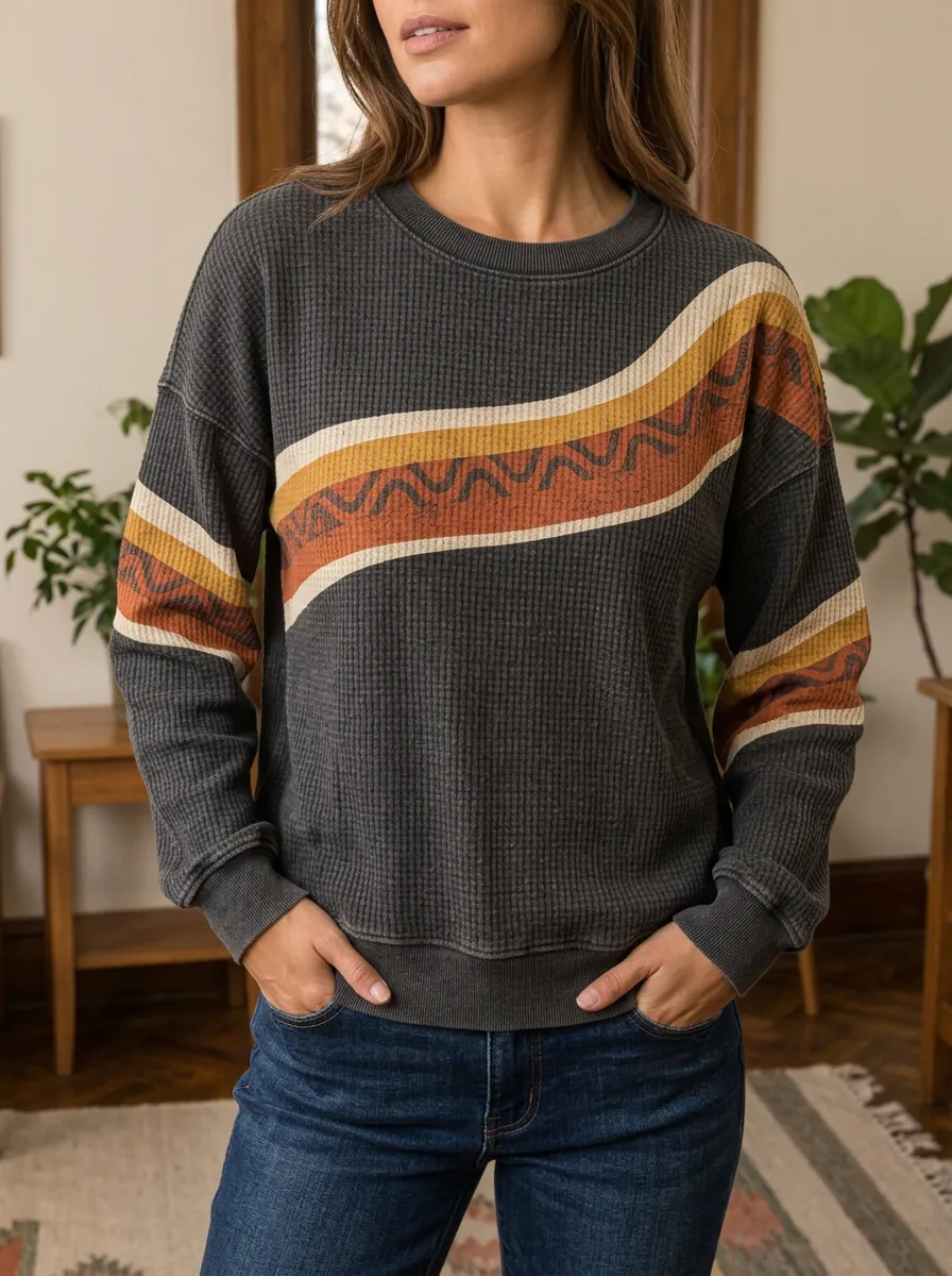 Women's Boho Geometric Stripe Waffle Knit Crewneck Sweatshirt