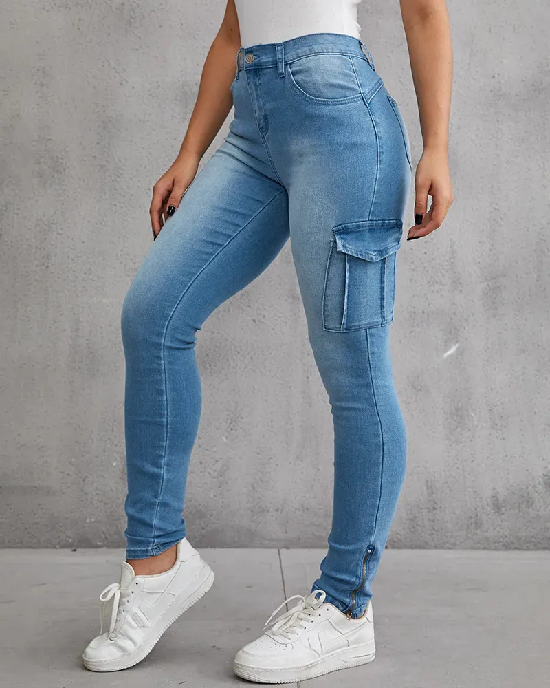 Flap Pocket Zipper Side Skinny Jeans