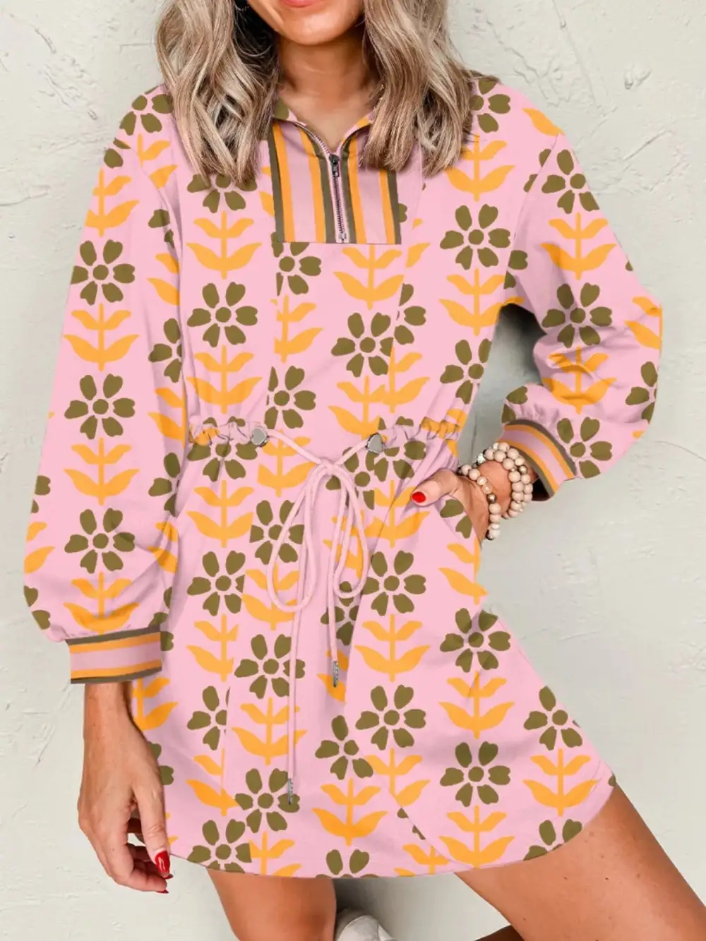 Printed Drawstring Mini Dress