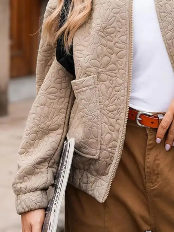 Full Size Floral Quilted Zip Up Jacket Plus Size