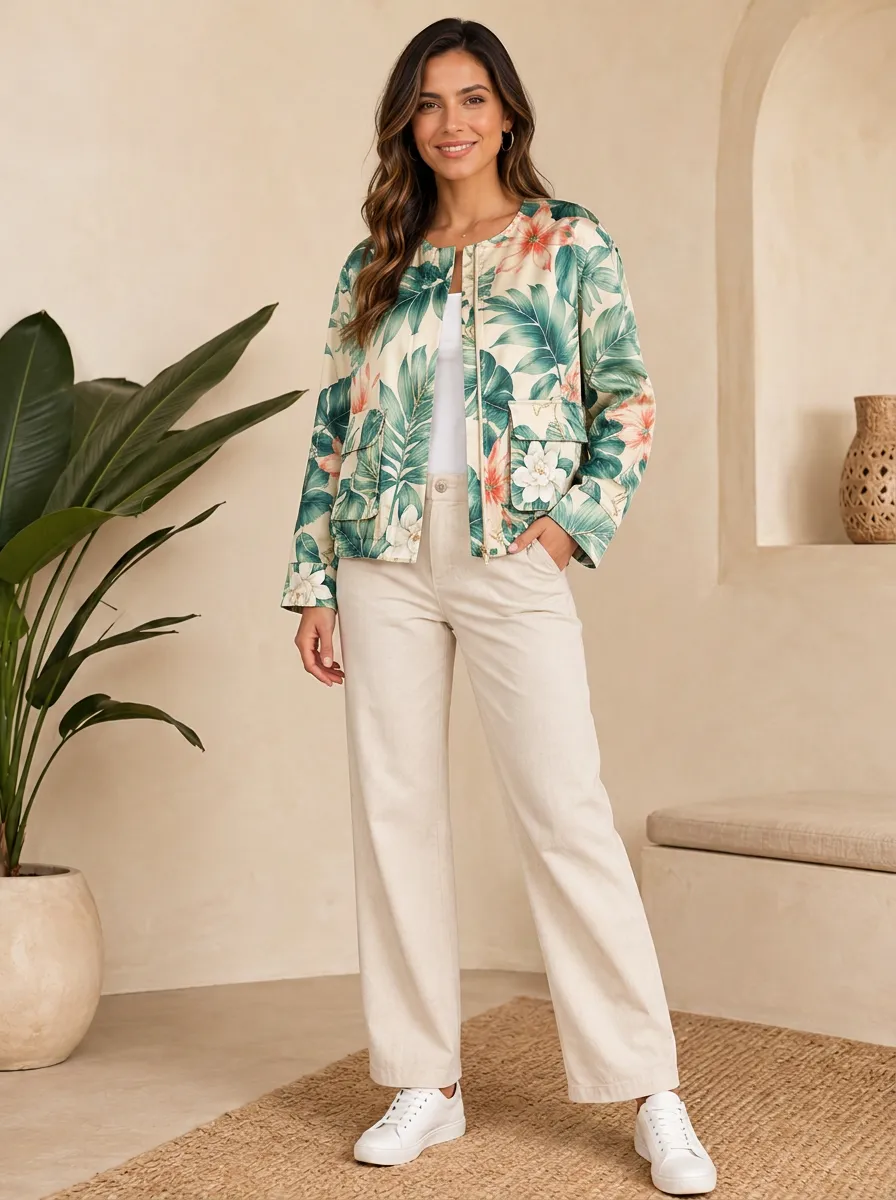Women's Tropical Floral Leaf Printed Quilted Jacket