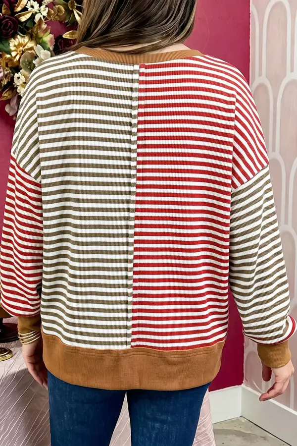 Striped V Neck Waffle Knit Stretch Fabric Long Sleeve Top