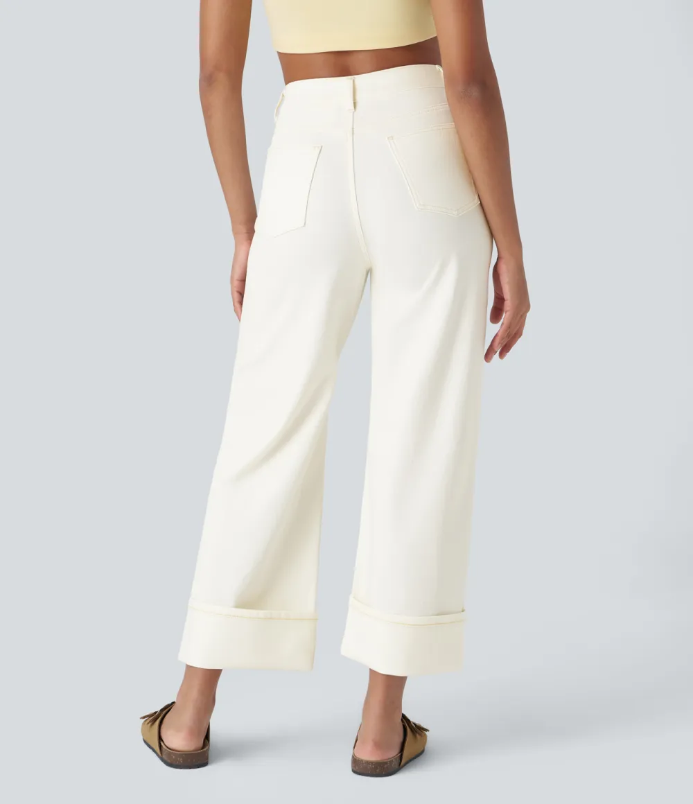 Magic High Waisted Multiple Pockets Rolled Hem Wide Leg Washed Stretchy Knit Casual Jeans