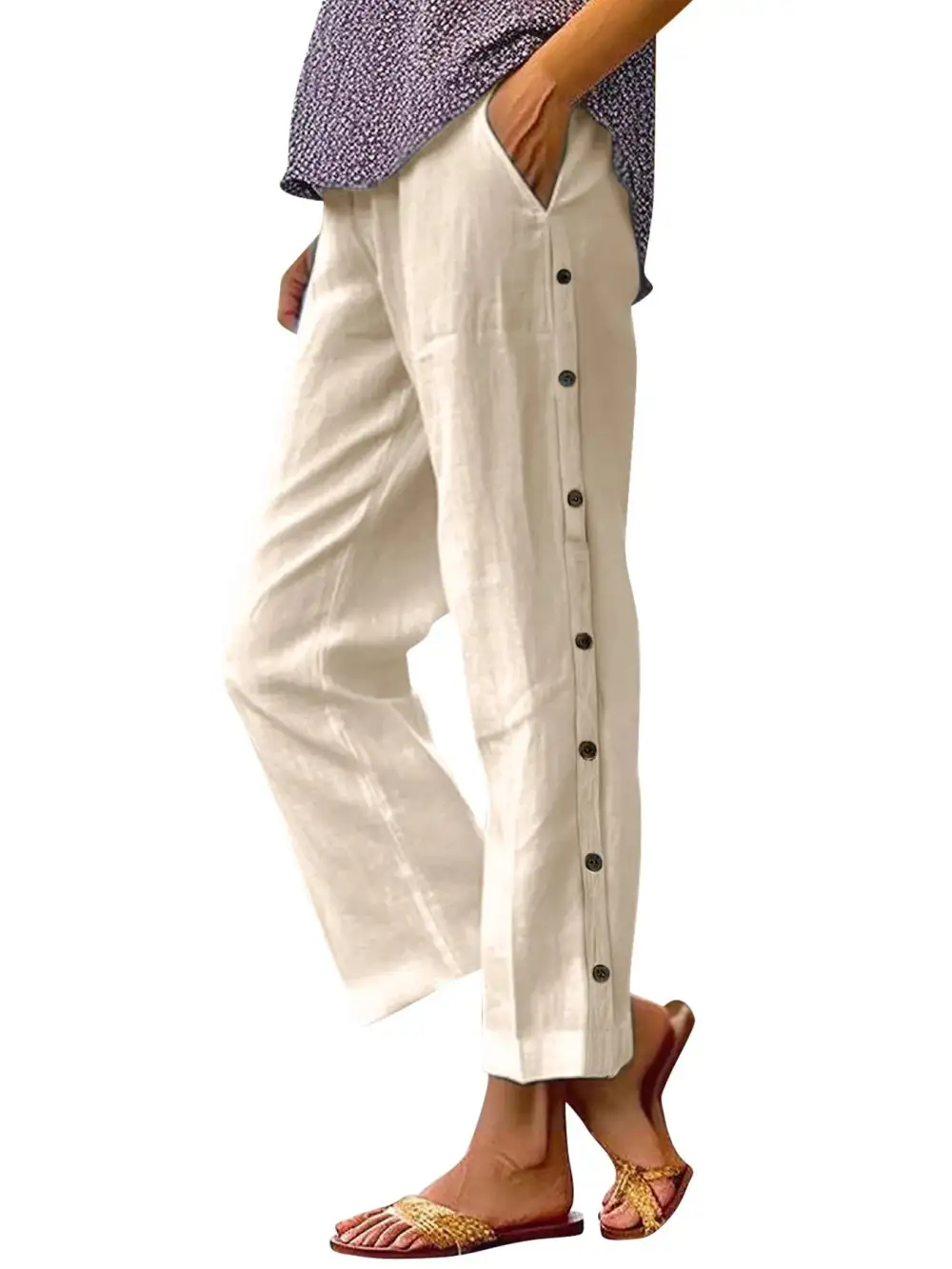 Wide Leg Button Detail Pocketed Pants