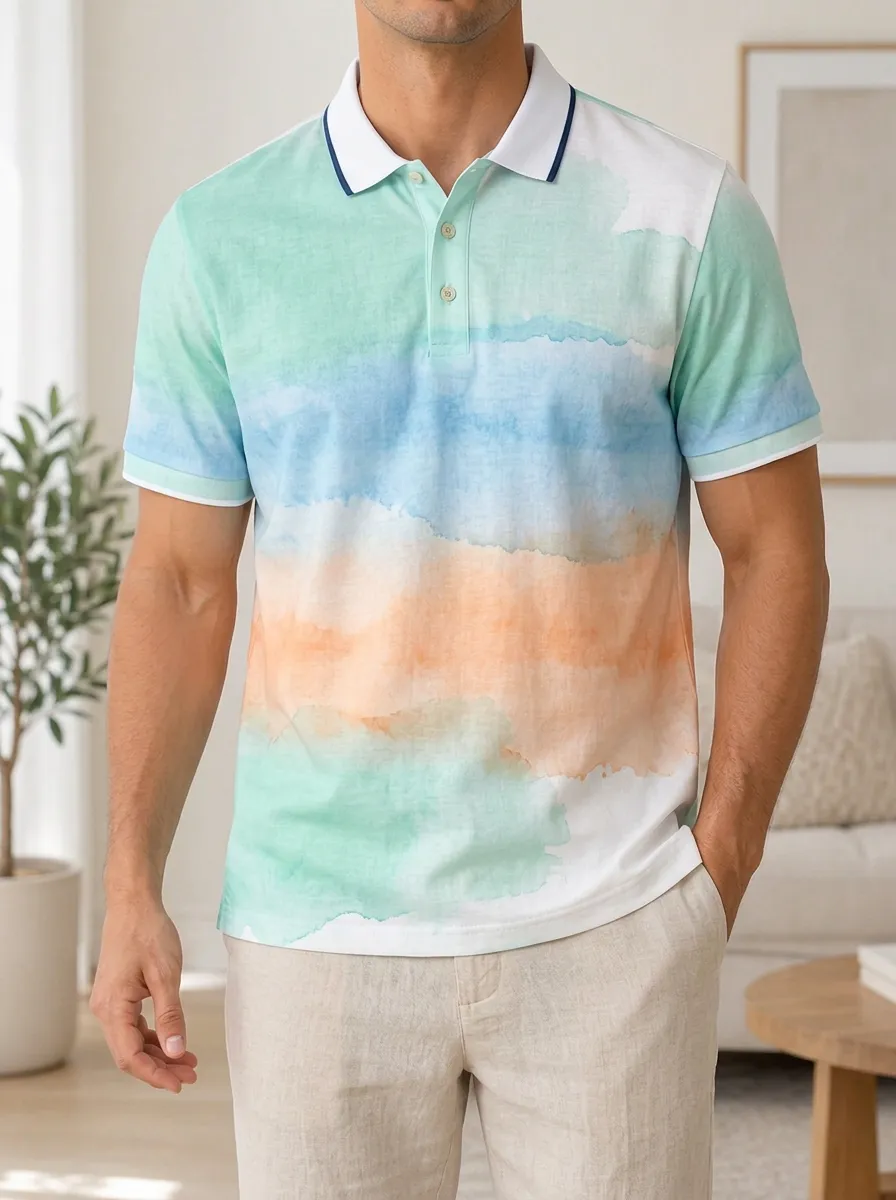 Men's Summer Beach Watercolor Striped Printed Polo Shirt