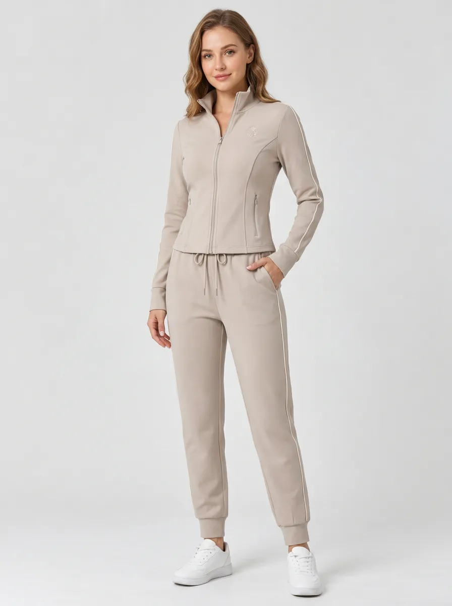 Women's Beige Casual Sporty Striped Zip-up Tracksuit Set