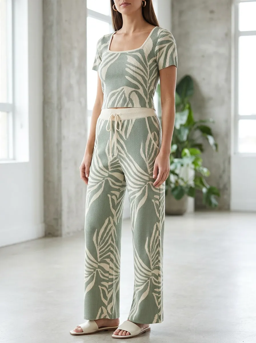 Women's Tropical Leaf Pattern Ribbed Patterned Wide Leg Pants Set