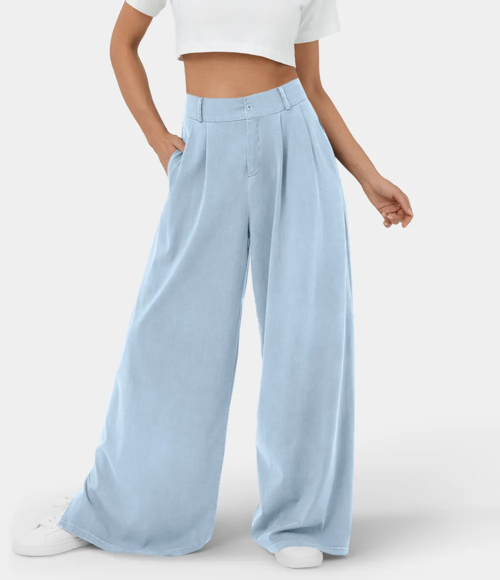 High Waisted Button Zipper Plicated Side Pocket Split Hem Wide Leg Casual Pants
