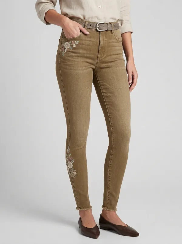 Women's Floral Embroidery Black Washed Printed Slim Jeans