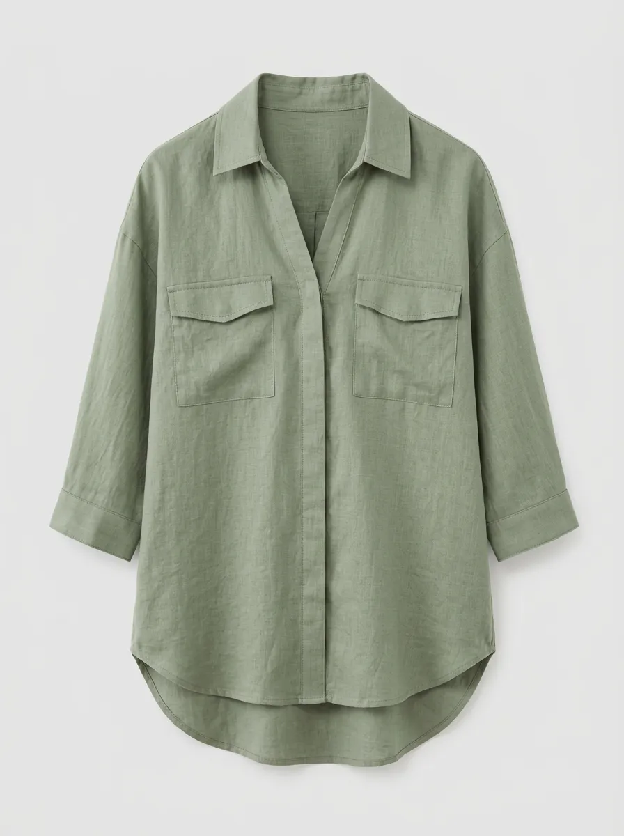 Women's Down Pocket Shirt Sage Green Linen Blend Button