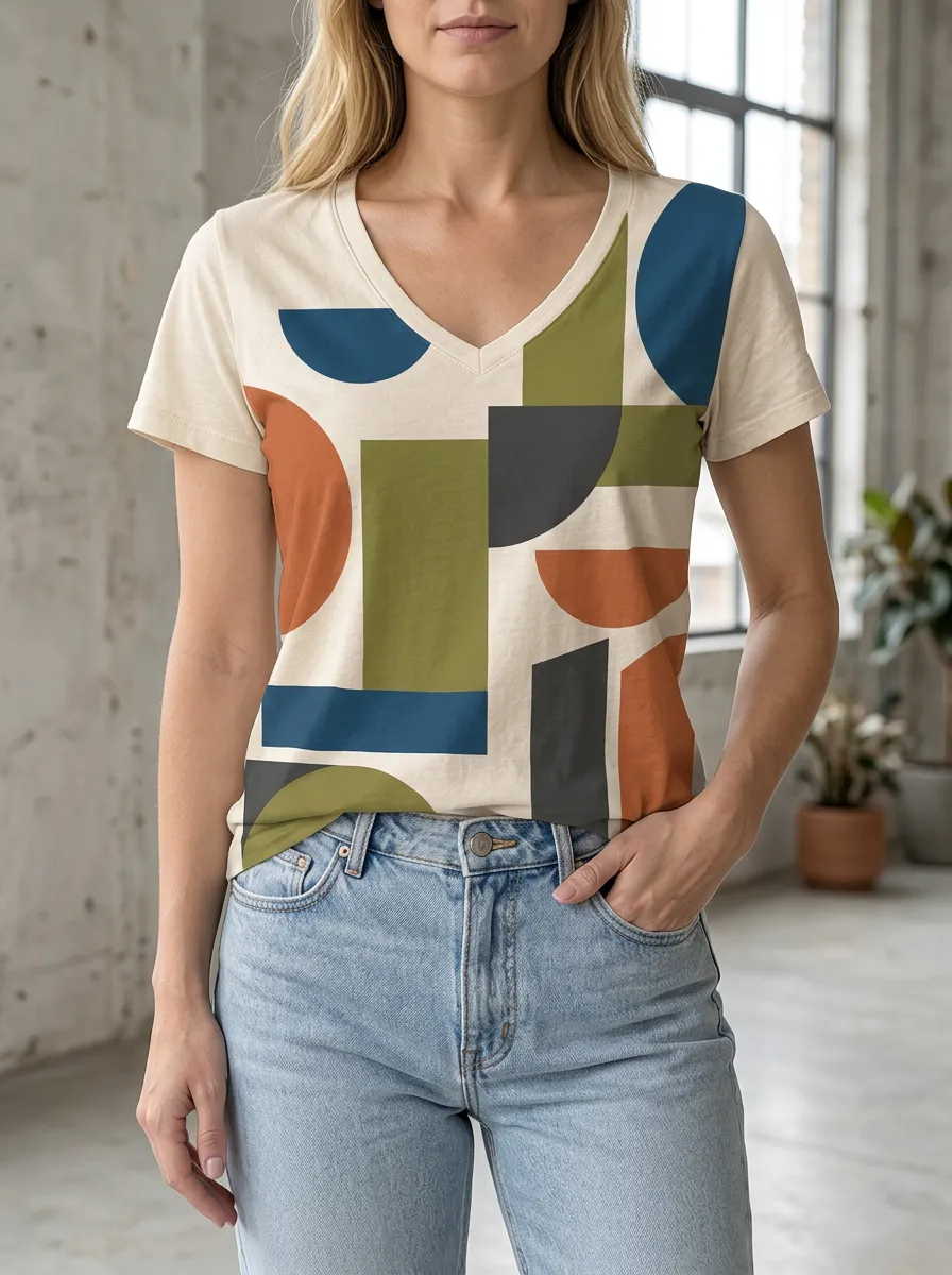 Women's Dynamic Abstract Geometric Shapes V-Neck T-Shirt