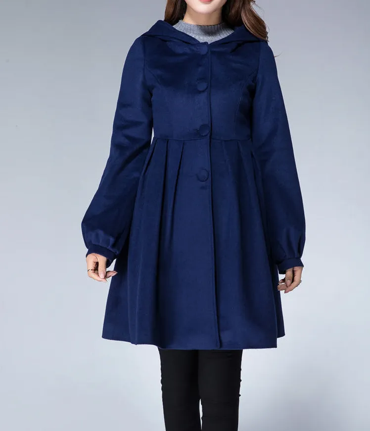 Wool Blend Fit and Flare Hooded Lantern Sleeve Pocketed Short Coat
