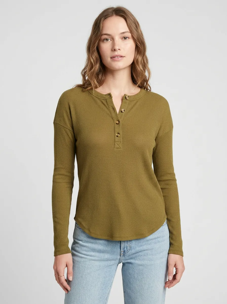 Women's Olive Green Ribbed Long Sleeve Button Henley Shirt