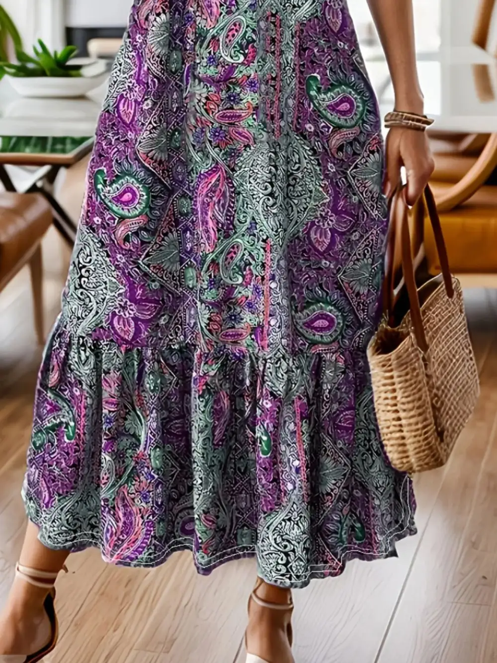 Plus Size Bohemian Paisley Printed Ruffle Hem Midi Dress