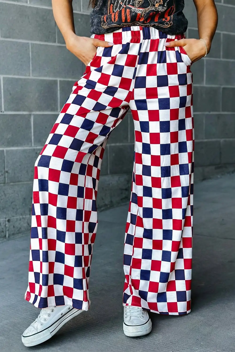 Tone Checked Print High Waist Wide Leg Trousers