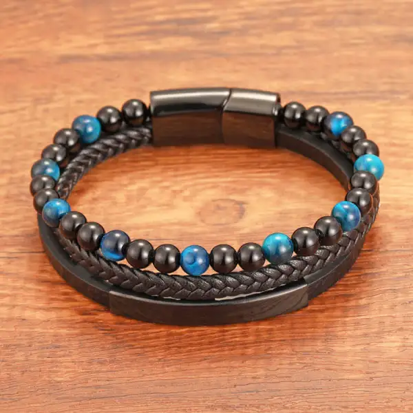 Braided Leather Tiger Eye Multi Layer Bracelet