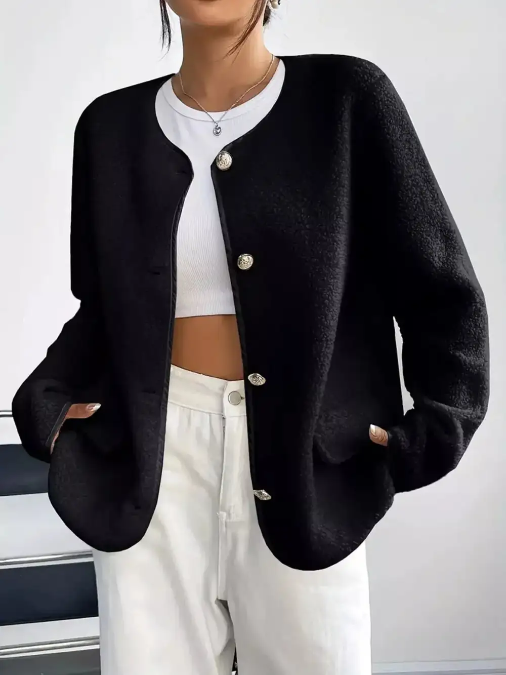 Full Size Textured Button-up Fleece Outerwear Plus Size