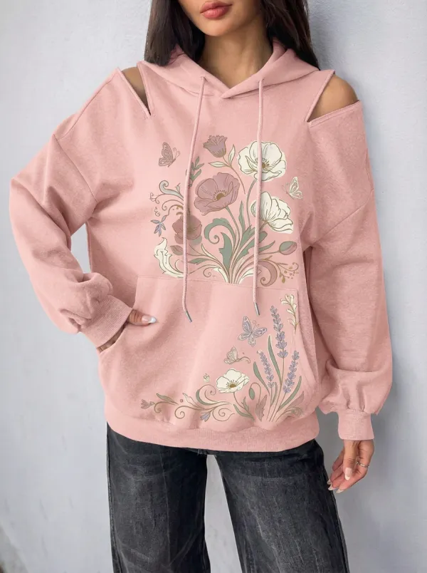 Women's Floral Butterfly Botanical Printed Cold Shoulder Hoodie