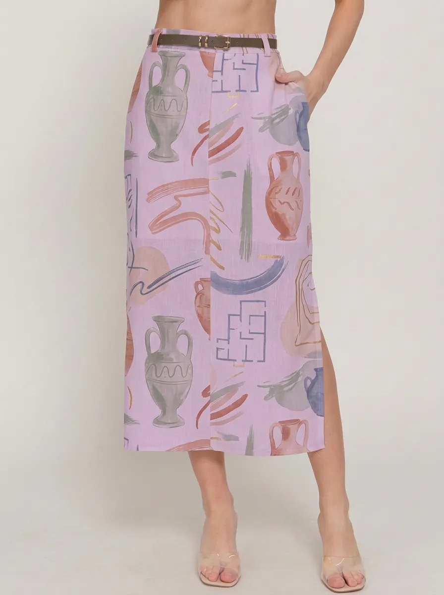 Women's Greek Art-Inspired Ancient Vase Printed Midi Skirt