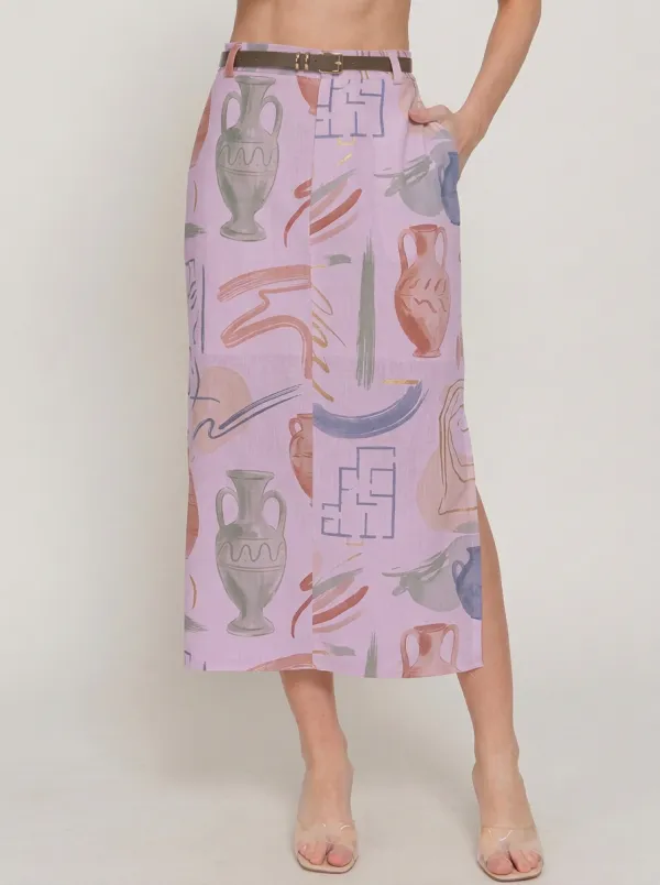 Women's Greek Art-Inspired Ancient Vase Printed Midi Skirt