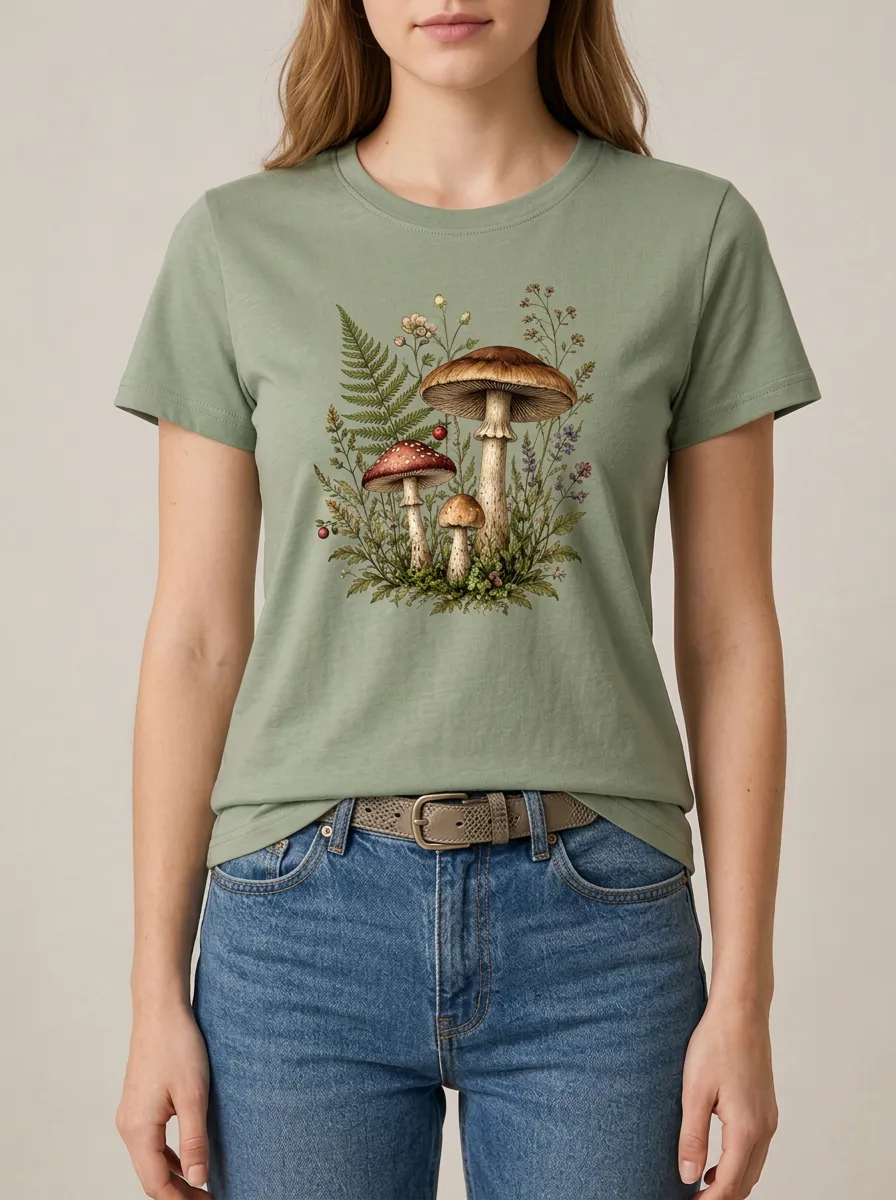 Women's Botanical Nature Lover Mushroom Fern Printed T-shirt