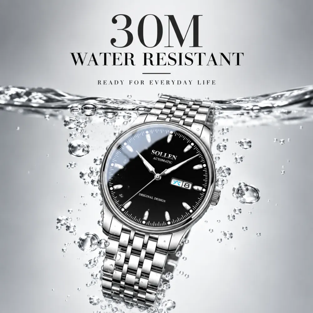 Sollen 9051 Automatic Watch - Men's Full Day Date Sunray Dial 7-Bead Stainless Steel Bracelet Wristwatch