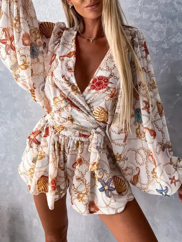 Woven Floral Long Sleeved V Neck Shorts