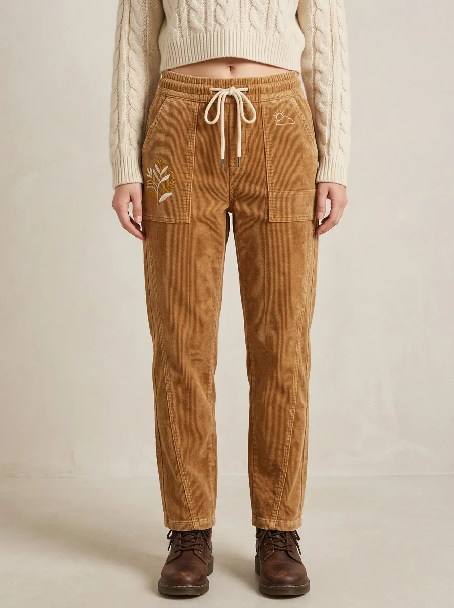 Women's Nature Lover Floral Sun Cloud Embroidered Corduroy Pants