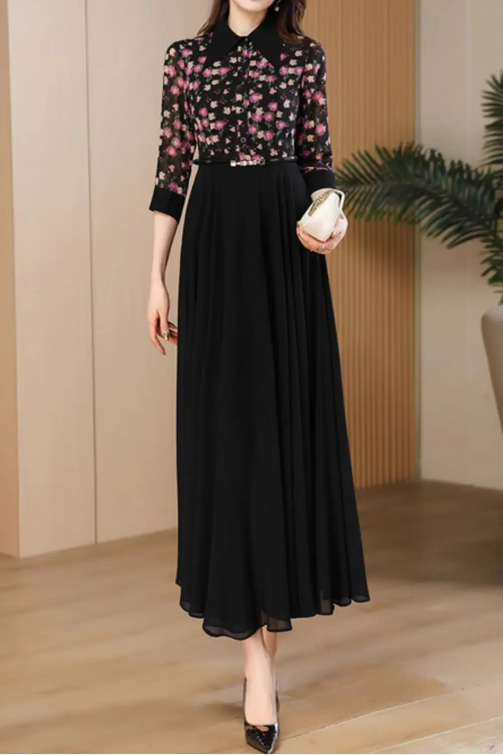 Floral Polyester Lapel Collar Three Quarter Sleeve Maxi Dress