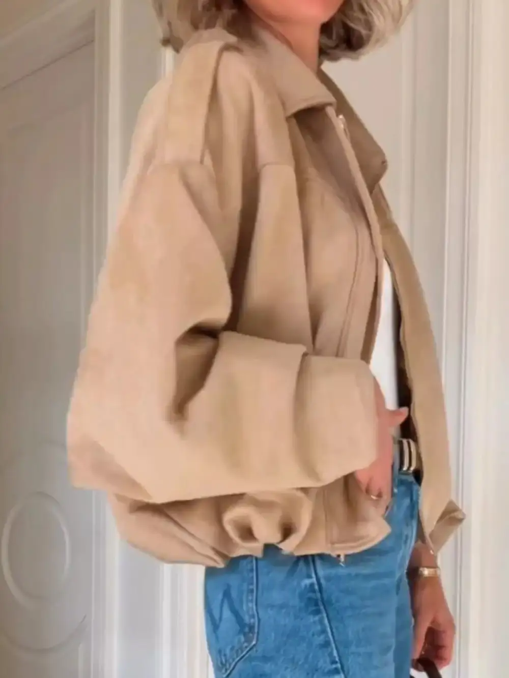 Zip Up Dropped Shoulder Suede Jacket