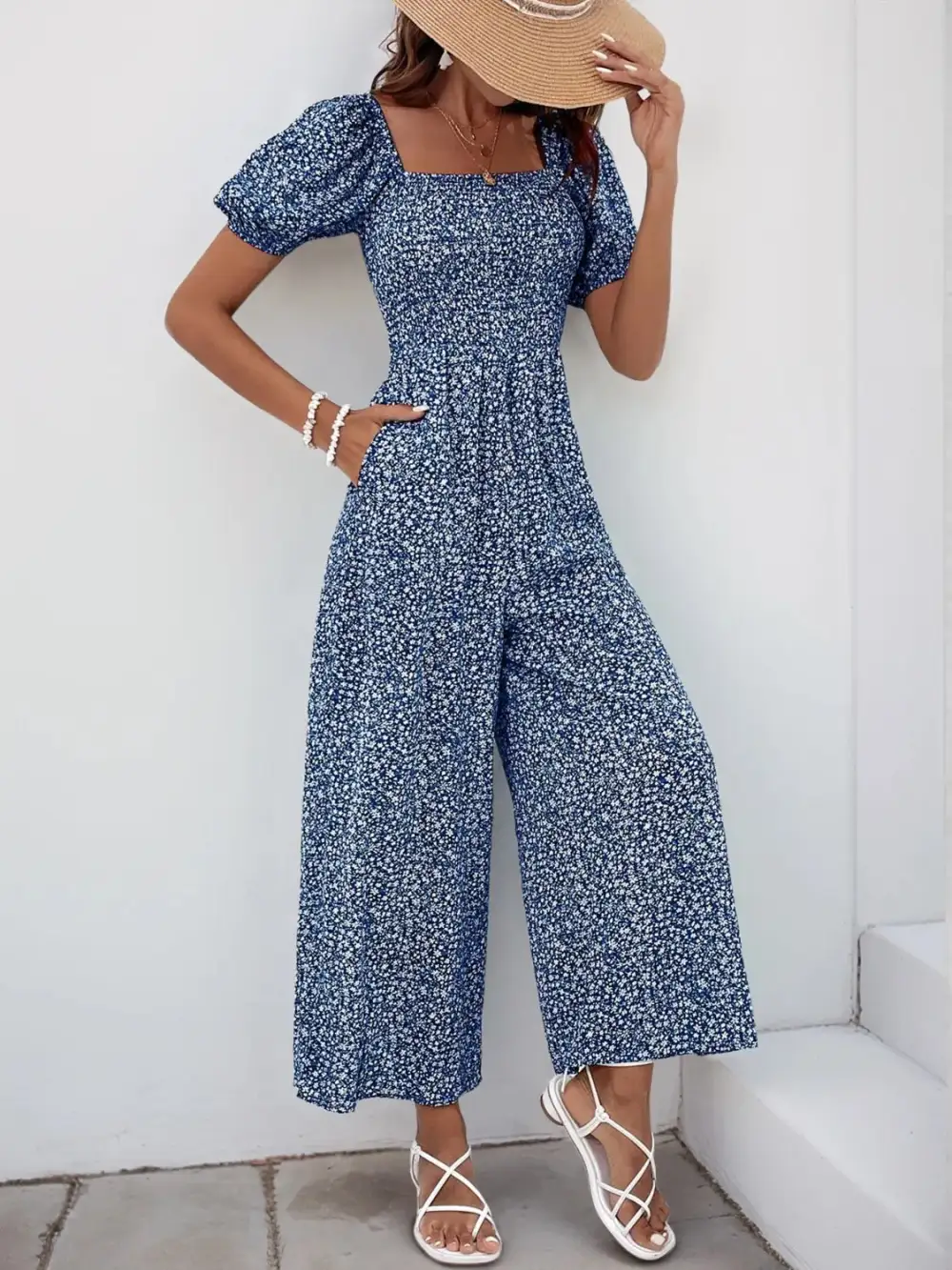 Printed Square Neck Puff Sleeve Everyday Jumpsuit
