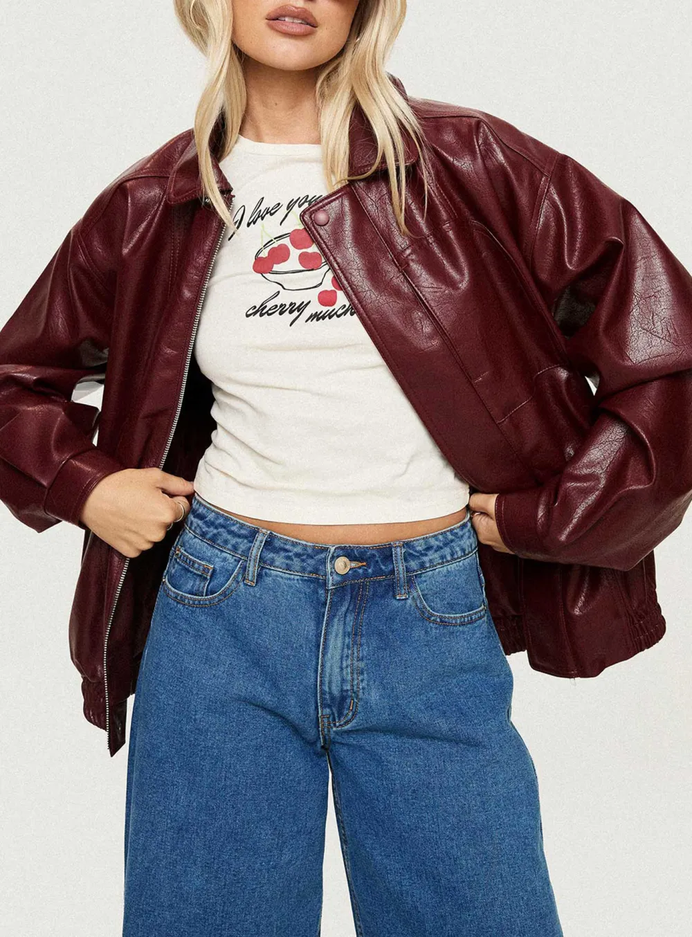 Burgundy Oversized Faux Leather Jacket